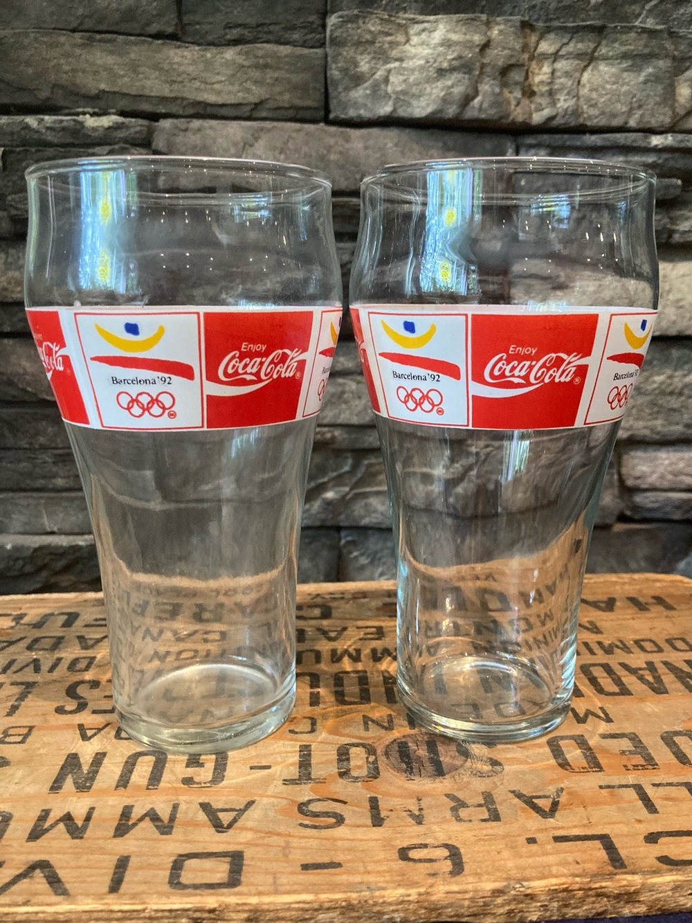 Coca Cola Clear Pint Glasses with Red Barcelona '92 Olympic Band - Pair